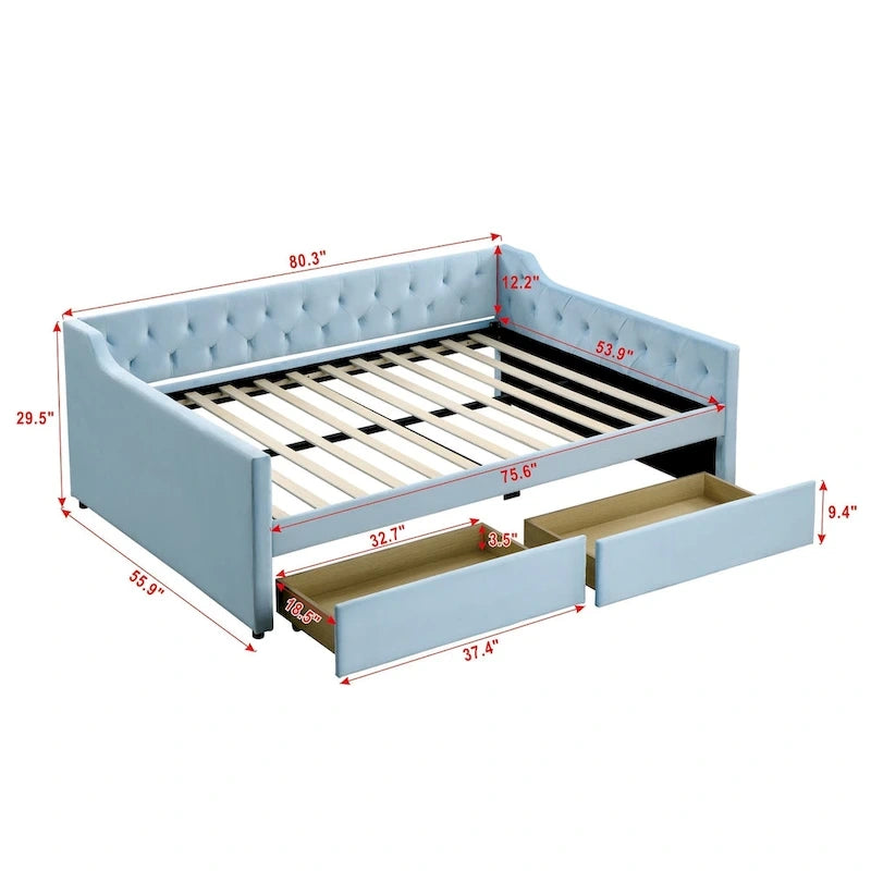 Full Size Velvet Tufted Daybed with 2 Storage Drawers and Trundle