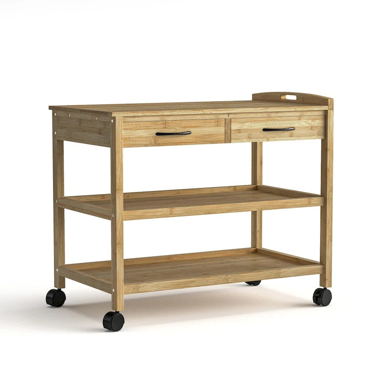 Natural Bamboo Kitchen Storage Cart with 2 Drawers and 2 Shelves