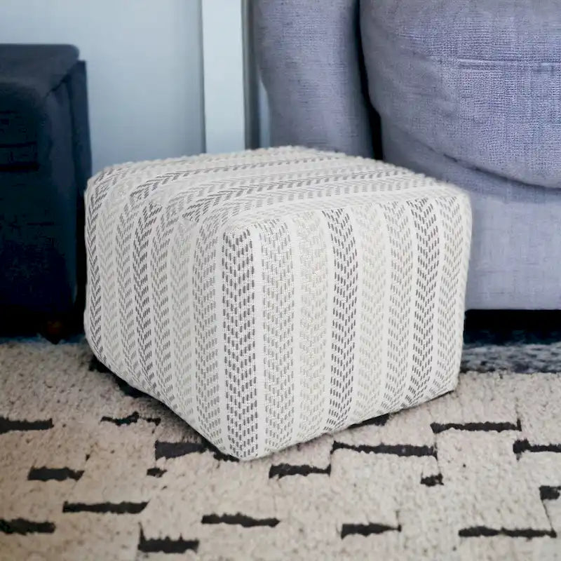 18-Inch Gray Cotton Ottoman with Chevron Pattern