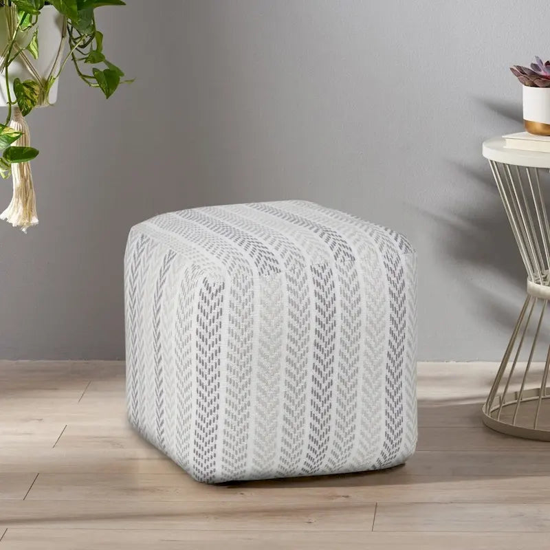 18-Inch Gray Cotton Ottoman with Chevron Pattern