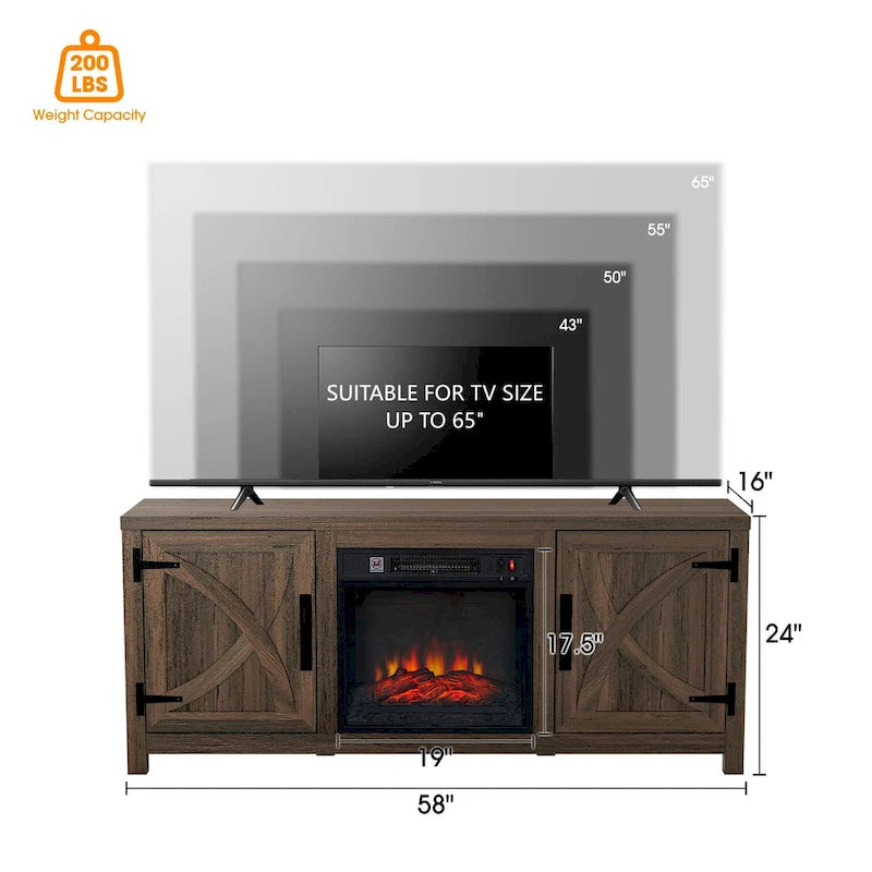 58-Inch Farmhouse TV Stand with Built-In Electric Fireplace