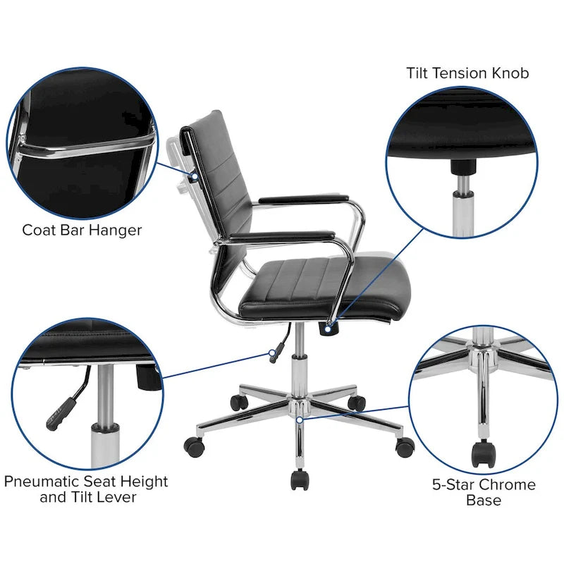 Mid-Back Ribbed Office Chair with Chrome Arms and Lumbar Support