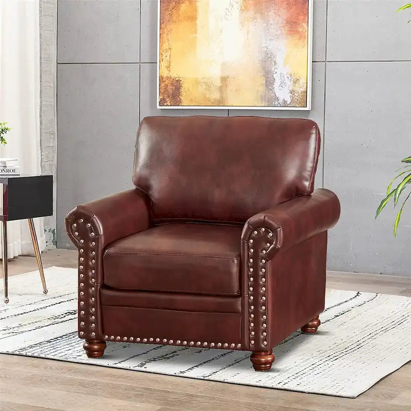 Vintage PU Leather Armchair with Nailhead Trim and Wood Legs, Indoor