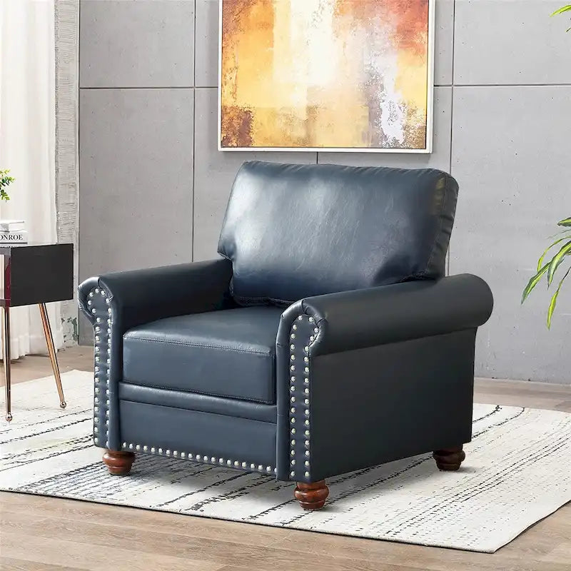 Vintage PU Leather Armchair with Nailhead Trim and Wood Legs, Indoor