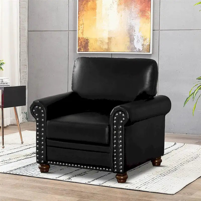 Vintage PU Leather Armchair with Nailhead Trim and Wood Legs, Indoor