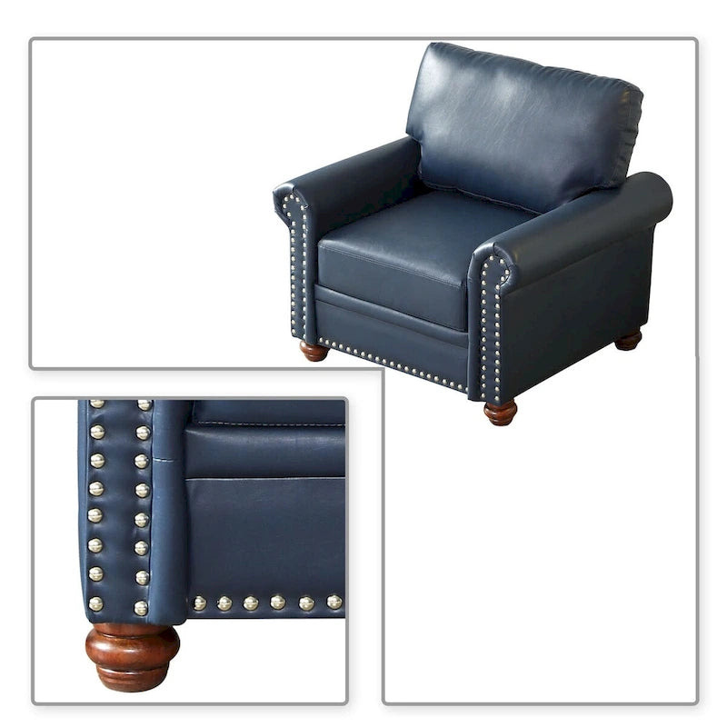 Vintage PU Leather Armchair with Nailhead Trim and Wood Legs, Indoor