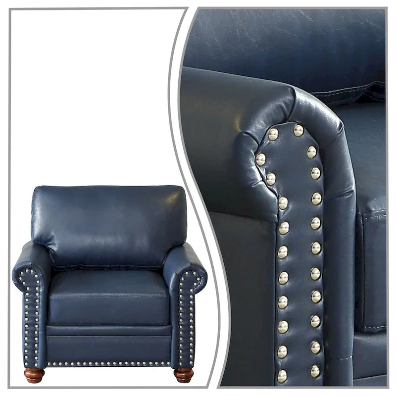 Vintage PU Leather Armchair with Nailhead Trim and Wood Legs, Indoor