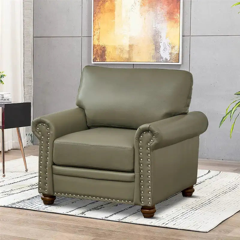Vintage PU Leather Armchair with Nailhead Trim and Wood Legs, Indoor