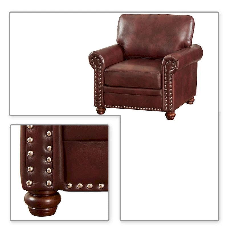 Vintage PU Leather Armchair with Nailhead Trim and Wood Legs, Indoor