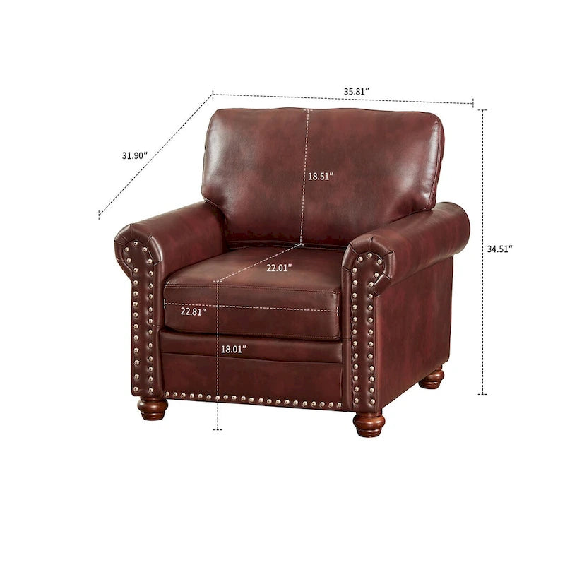 Vintage PU Leather Armchair with Nailhead Trim and Wood Legs, Indoor